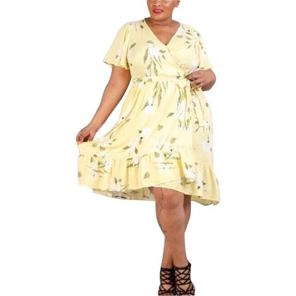 Rachel Roy Plus 2X Yellow Floral Wrap Dress with Asymmetrical Hem